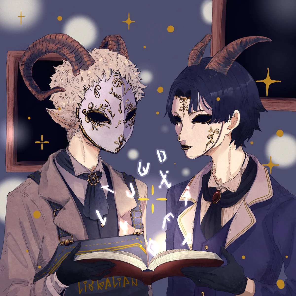 角と仮面をつけた二人の人物が、光り輝く魔法の本を読み込んでいるイラスト