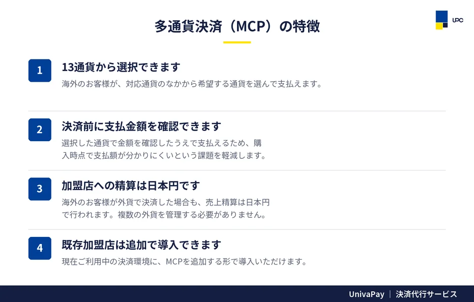 多通貨決済（MCP）の特徴