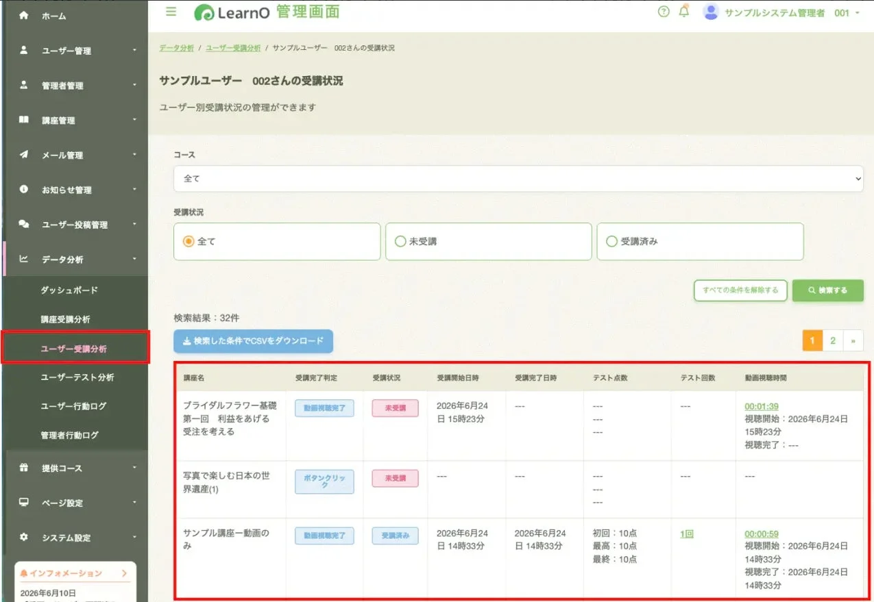 LearnO 管理画面 ユーザー受講分析