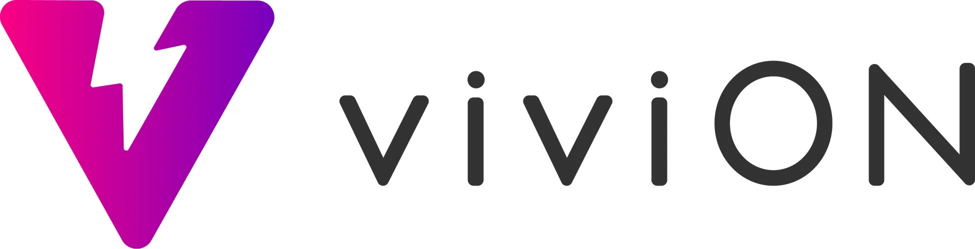 白背景に「viviON」というテキストロゴが描かれています。左側の「V」はピンクから紫へのグラデーションで、中に白い稲妻のマークが入っています。右側の「viviON」の文字は黒色です。