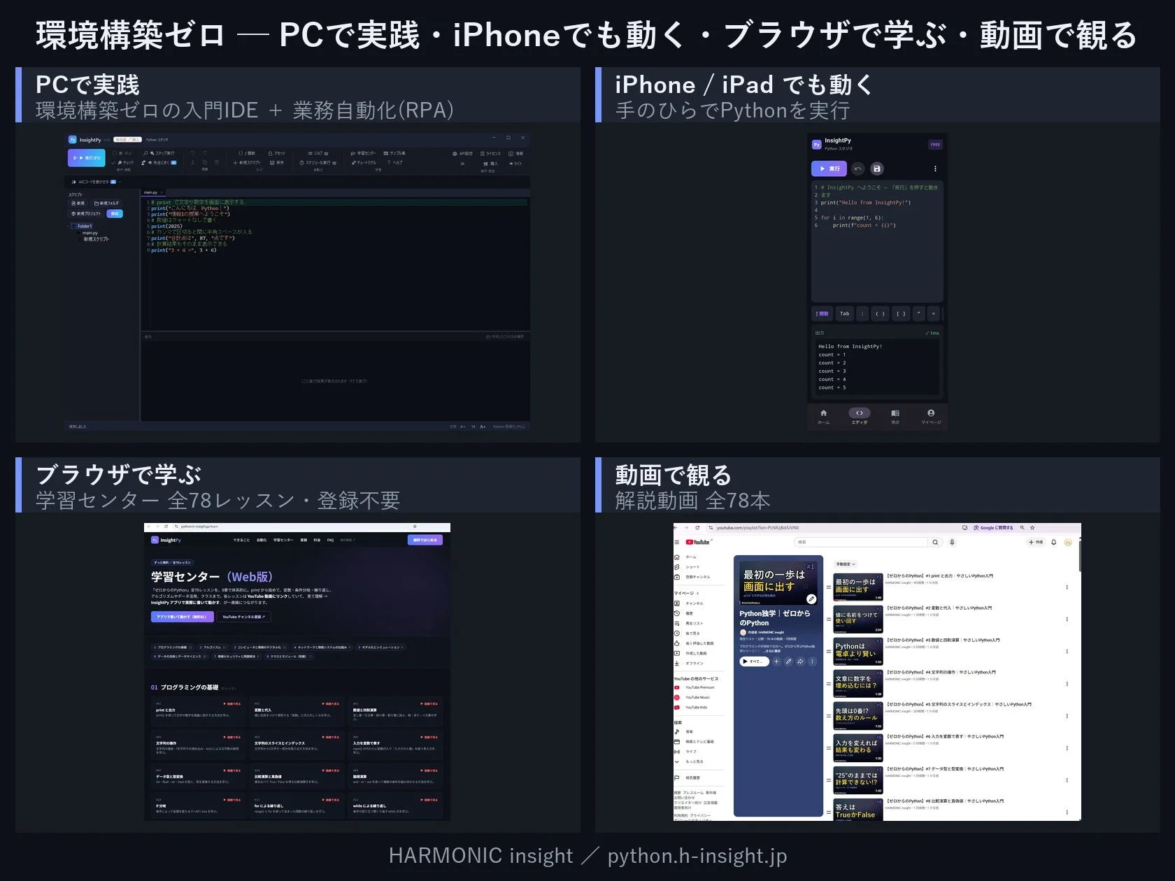 環境構築ゼロ - PCで実践・iPhoneでも動く・ブラウザで学ぶ・動画で観る