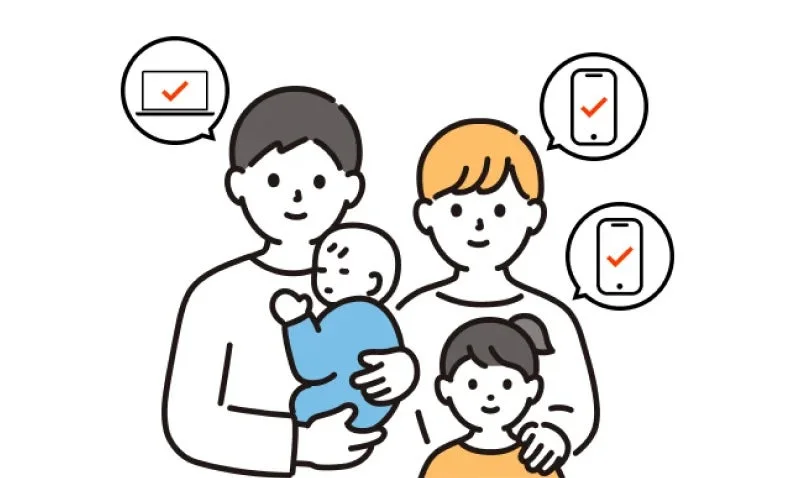 家族がデジタルデバイスを利用しているイラスト