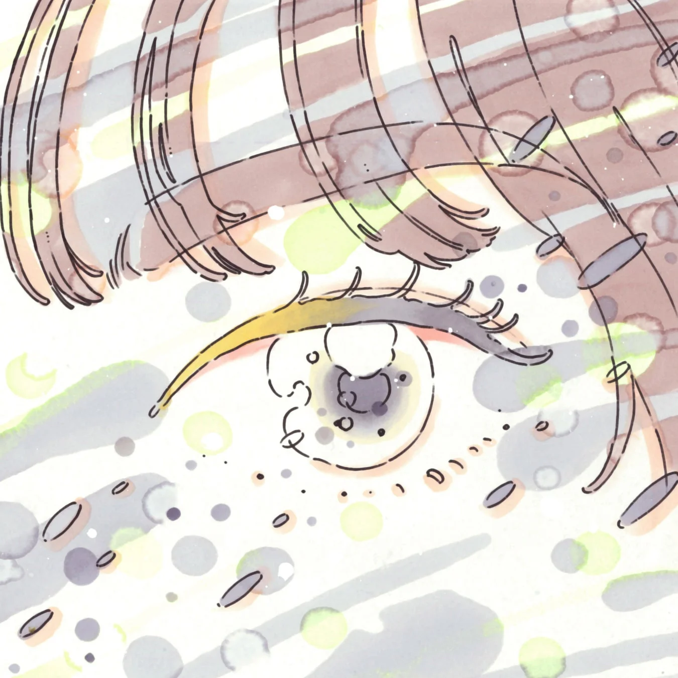 水彩画のような淡いタッチで描かれた、アニメ風の目のクローズアップイラスト