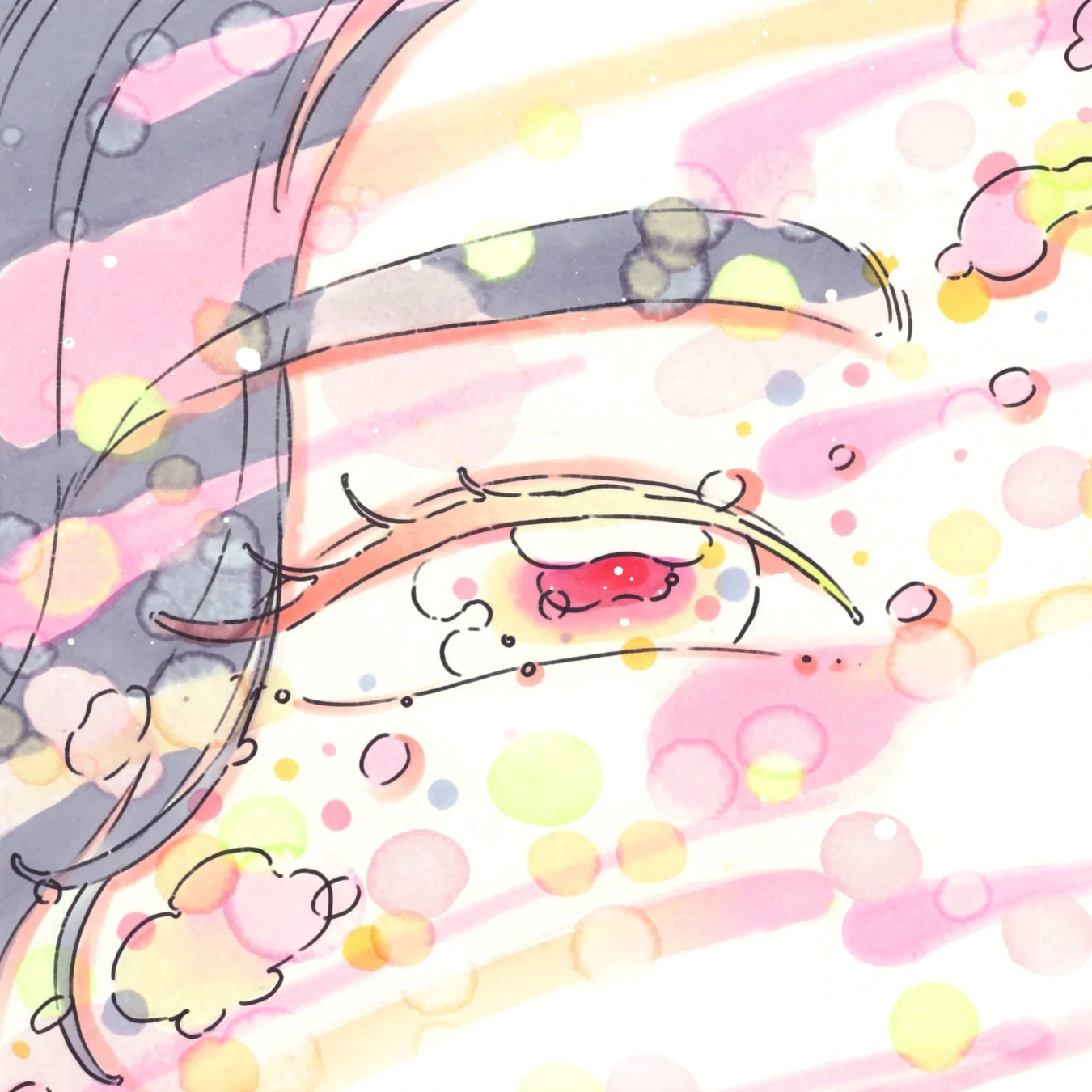 アニメ調の目のクローズアップイラスト。涙を浮かべているように見える