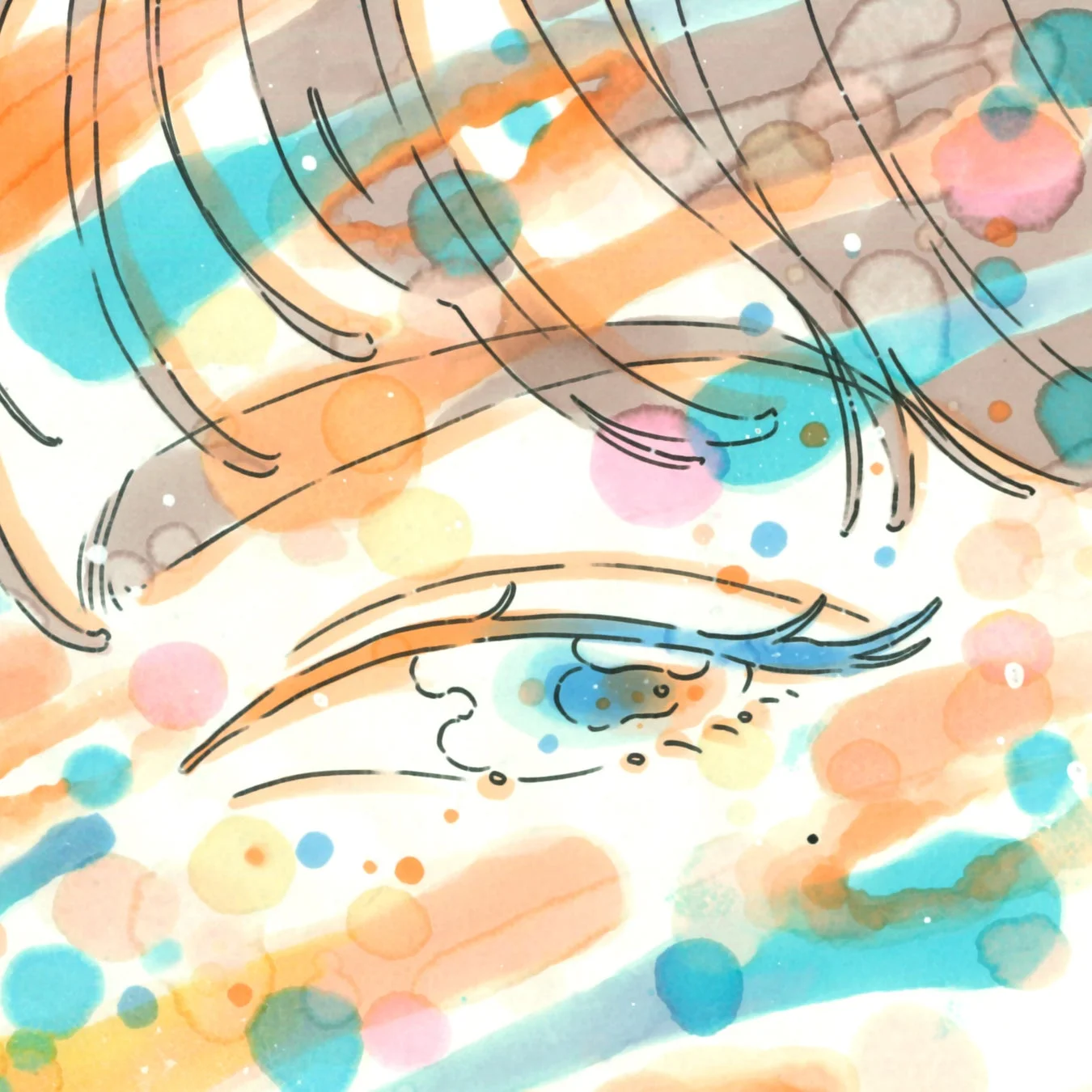 水彩画のようなカラフルな背景に、線画で描かれた女性の目が印象的なイラスト