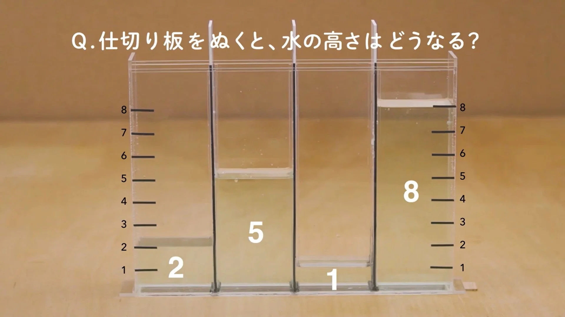仕切り板を抜いた時の水の高さ