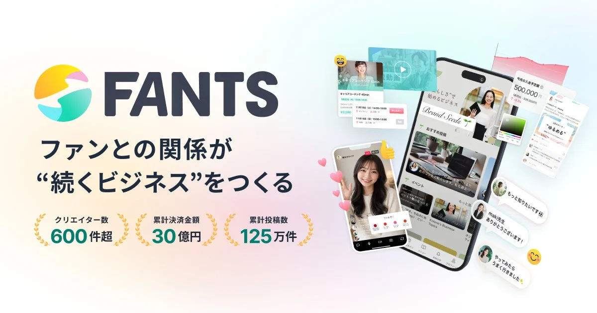 FANTSは、クリエイターがファンとの関係を深め、継続的なビジネスを築くためのプラットフォーム。アプリ画面でライブ配信やコンテンツ販売、イベント管理機能を紹介し、600件超のクリエイター、累計30億円の決済額、125万件の投稿数といった実績を提示