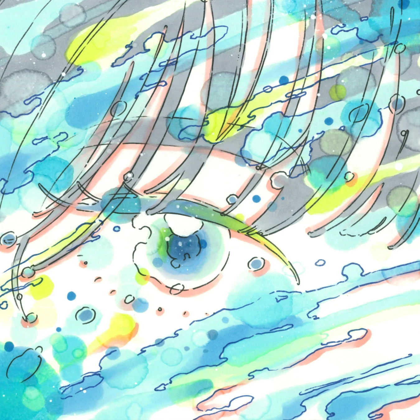 水彩画のような鮮やかな色彩で描かれた、髪で一部が隠れた瞳のイラスト