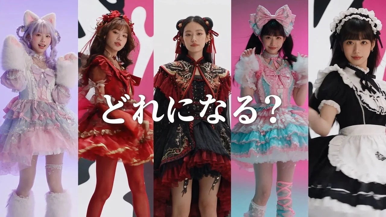 カラフルな背景の前で、猫耳、ロリータ、チャイナドレス風、メイド服など様々なコスチュームを身につけた5人の女性がポーズをとっており、「どれになる？」というテキストが表示されています。多様なファッションスタイルを比較するようなイメージです。